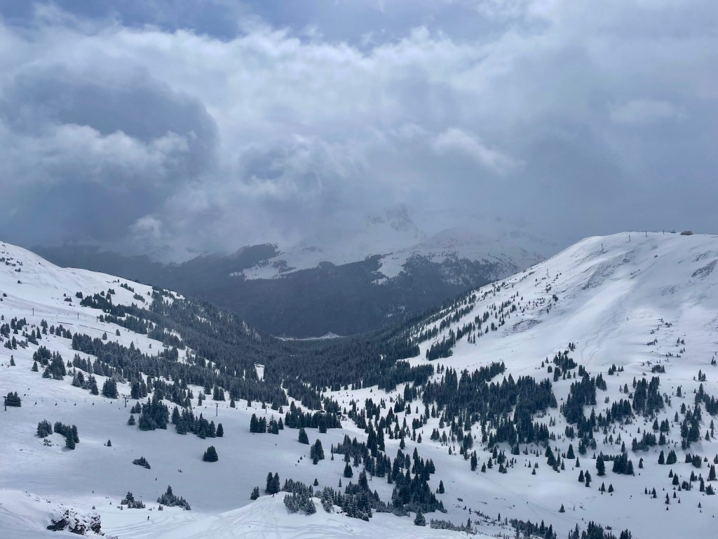 Snow-covered mountains on a cloudy day.
